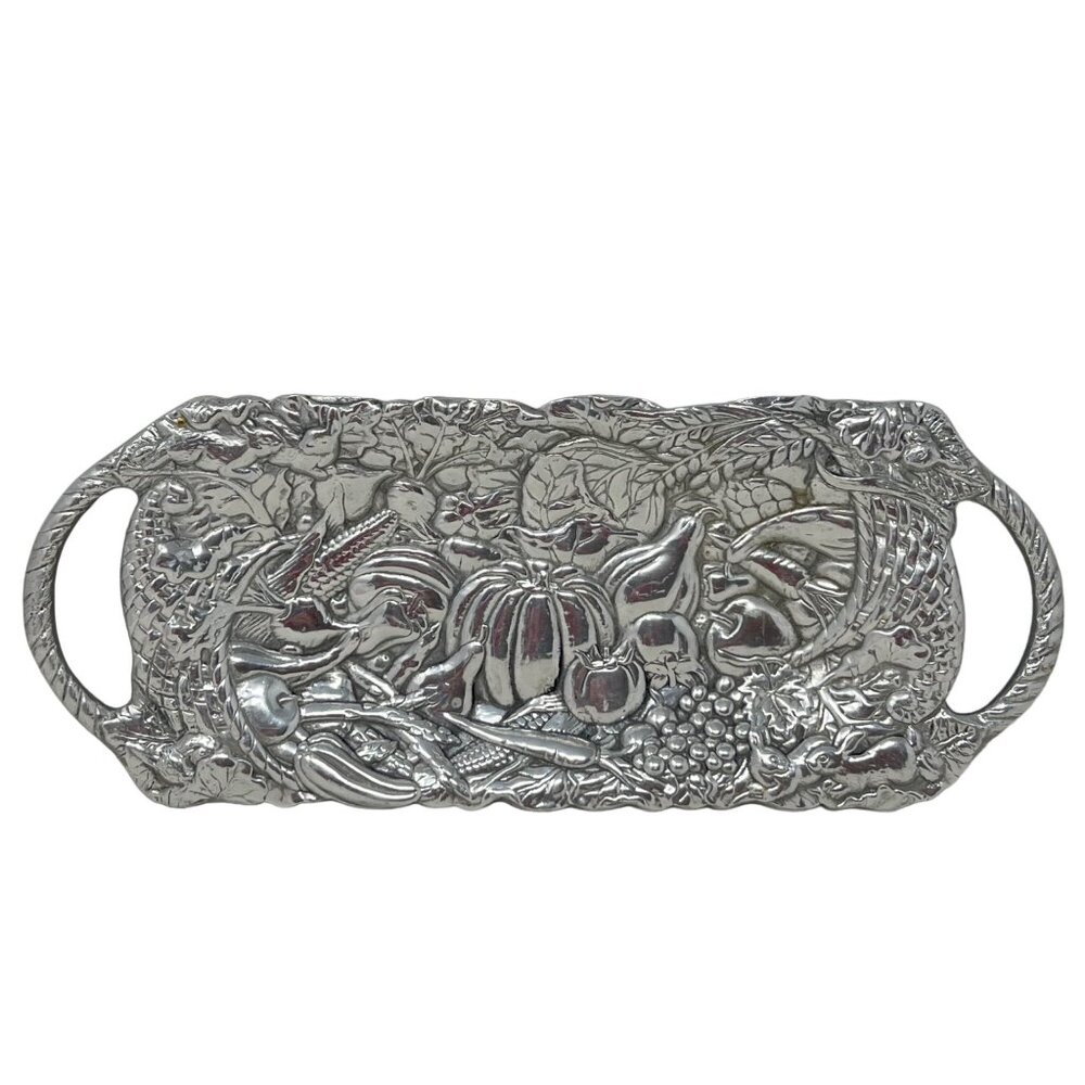 Arthur Court Tray Silver Aluminum Handles 14.5" Long Cornucopia Fruit Vegetables